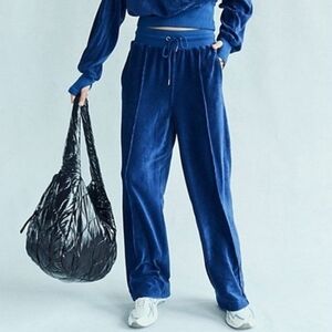 FREE PEOPLE MOVEMENT Let’s Volley Blue Velour Wide Leg Pants With Pockets